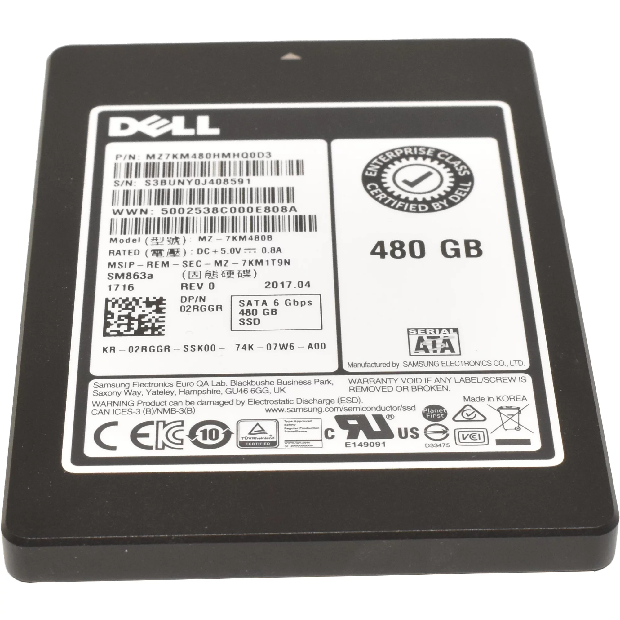 Dell Samsung SM863a 480GB 2.5" 6Gb SATA SSD MZ-7KM480B 02RGGR